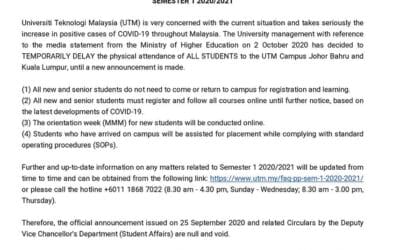 Official Notice: Postpone UTM Student’s Registration