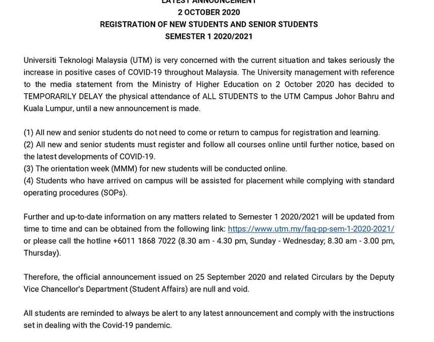 Official Notice: Postpone UTM Student’s Registration
